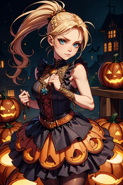 halloween, city, (pumpkin dress:1.2), (pumpkin-shaped dress:1.2), <lora:HalloweenGlowStyle:0.4>, halloweenglowstyle, pumpkin tights, (closed mouth:1.4),, barbarian woman, blue eyes, 170cm tall, (braided ponytail:1.2), single braid, (blonde hair:1.1), <lora:breastsizeslideroffset:-0.1>, (heavy upper lips:1.1), <lora:muscle_slider_v1:1>,, (masterpiece, high quality, best quality:1.3), Detailed, (everything Detailed), <lora:more_details:0.2>, <lora:add_detail:0.2>, <lora:detail_slider_v4:0.2>,