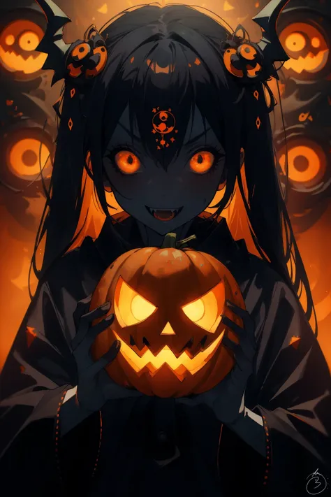 ((masterpiece, best quality)), 1girl, crazy eyes, fangs, scary, halloween, creepy, pumpkin_head, black, orange, darkblue, chromatic aberration, blurry, <lora:HalloweenGlowStyle:0.6>