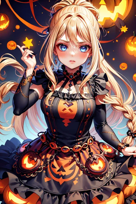 halloween, city, (pumpkin dress:1.2), (pumpkin-shaped dress:1.2), <lora:HalloweenGlowStyle:0.4>, halloweenglowstyle, pumpkin tights, (closed mouth:1.4),, barbarian woman, blue eyes, 170cm tall, (braided ponytail:1.2), single braid, (blonde hair:1.1), <lora:breastsizeslideroffset:-0.1>, (heavy upper lips:1.1), <lora:muscle_slider_v1:1>,, (masterpiece, high quality, best quality:1.3), Detailed, (everything Detailed), <lora:more_details:0.2>, <lora:add_detail:0.2>, <lora:detail_slider_v4:0.2>,