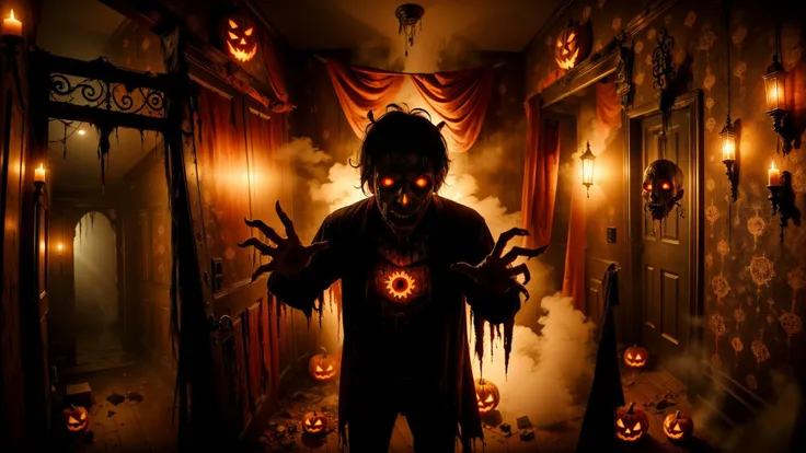 An horrifying zombie man with red eyes emerging from a glowing red bedroom closet in an old haunted house, reaching out menacingly. <lora:HalloweenGlowStyle:0.8> HalloweenGlowStyle <lora:add_brightness:0.8>