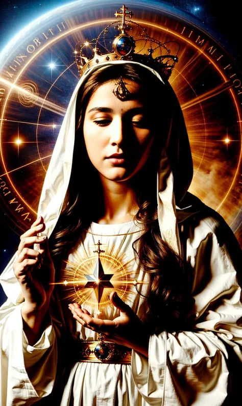 Full body image of the the Blessed Virgin Mary glowing with mystical light with a magnificent crown on her head, background, outer space. <lora:Virgin_Mary_v1:0.8> virgin_mary <lora:HalloweenGlowStyle:0.8>
