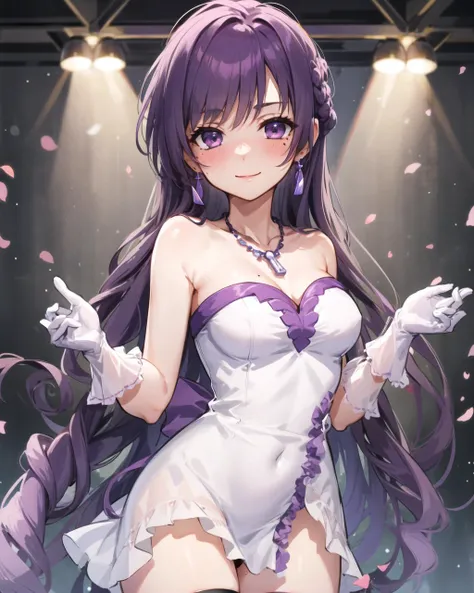 masterpiece, best quality, 1 girl, <lora:caren_v1:0.5>, hmca1, purple hair, mole under eye, dress, necklace, idol, bare shoulders, white gloves, medium breasts, (see through:0.9), blush, light smile, hands behind back, cowboy shot,