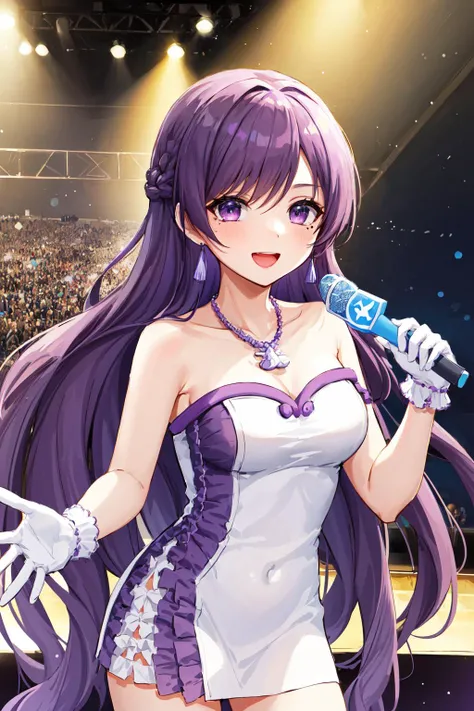masterpiece, best quality, highres, hmca1, purple hair, mole under eye, dress, necklace, idol, bare shoulders, white gloves, medium breasts, <lora:caren_v1:0.7>, cowboy shot, standing, smile, open mouth, holding microphone, reaching out, on the stage,