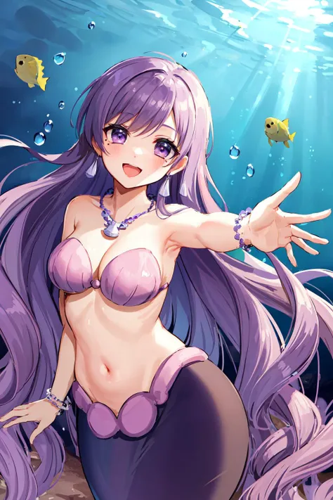 masterpiece, best quality, highres, hmca1, purple hair, mole under eye, mermaid, shell bikini, necklace, bracelet, medium breasts, cleavage, <lora:caren_v1:0.7>, underwater, ocean, smile, cowboy shot, reaching out, open mouth, fish, coral
