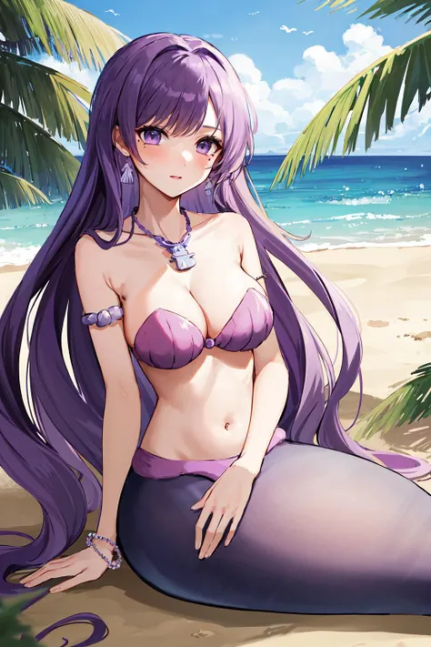 masterpiece, best quality, highres, hmca1, purple hair, mole under eye, mermaid, shell bikini, necklace, bracelet, medium breasts, cleavage, <lora:caren_v1:0.7>, ocean, beach, sitting
