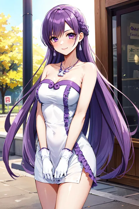 masterpiece, best quality, highres, hmca1, purple hair, mole under eye, dress, necklace, idol, bare shoulders, white gloves, medium breasts, <lora:caren_v1:0.7>, cowboy shot, standing, smile, outdoors, arms at sides,