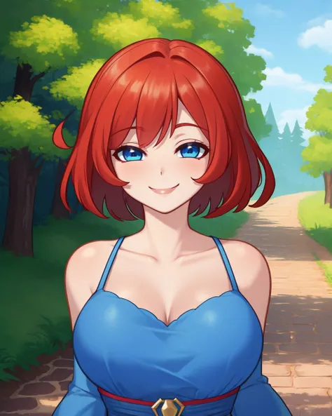 upper body, short hair, red hair, blue eyes, blue dress, breasts, smile, forest, path, cobblestone path, <lora:Dedalo:0.8>