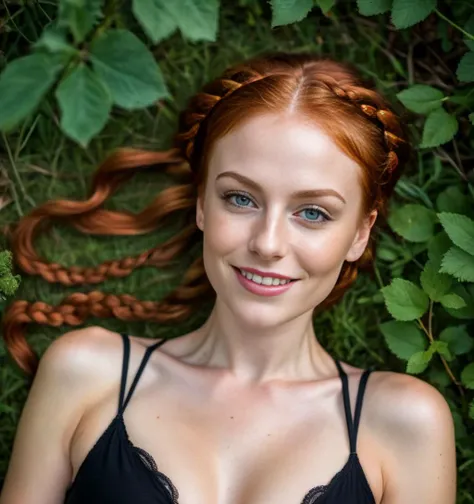 realistic close-up top-down photo, (Dutch angle shot), (glow, atmosphere), 28 years old redhead girl with braided hair wearing bodysuit sits for a picnic, beautiful elegant face, white skin, flirting with the camera, sexual smile, (detailed skin, skin texture), forest environment background, masterpiece, high resolution scan, (photo by Nikon D800, 50mm ZEISS lens), spotlight, (8k uhd, film grain, hdr, dof), (professionally color graded), (((cinematic look))), perfectly shaded, key visual, analog photo