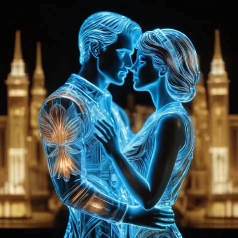 Art deco style with geometric shapes, streamlined forms, and a focus on luxury and modernity, Two lovers kissing, hyperdetailed, hyperrealistic, masterpiece, electroluminescent glow, transparent figures made of glass, see through statues, exquisite craftsmanship, ornamental extravagance, art deco, geometric shapes, streamlined forms, luxury, modernity, elegant, sophisticated, glamorous,Two lovers kissing, hyperdetailed, hyperrealistic, masterpiece, electroluminescent glow, transparent figures made of glass, see through statues, exquisite craftsmanship, ornamental extravagance