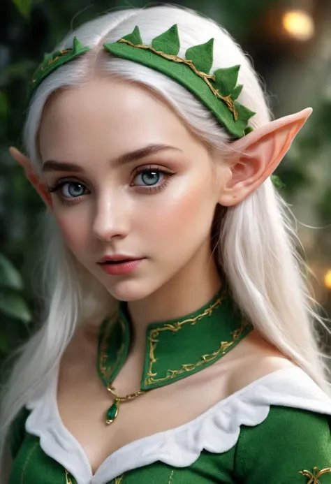 A woman with white hair and green elf costume posing for a picture ...