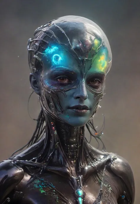 hauntingly beautiful bioengineered creature, bioluminescence, organic metal implants, cyborg, outdoors, alien world, colorful smoky background, water, reflections, sheen, high resolution, <lora:add-detail-xl:1>, <lora:MercuryXL:1> Mercury