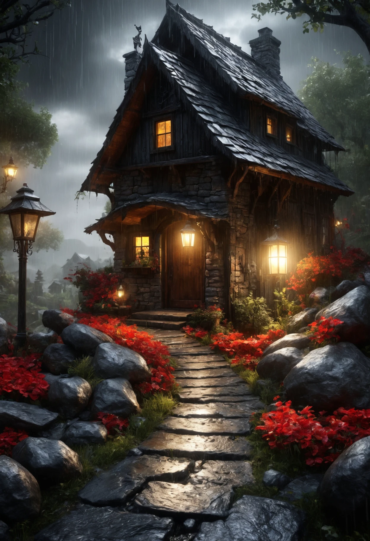 DonMP41n717Bl4ckXL DonMD347hM374lXL (masterpiece, best quality,detailed light, rule of thirds), duplexes, prefabricated materials fiber cement siding polycarbonate roofing roof quartzite stone, pathway lights, downlighting, fairytale theme, (highres, 4k, 8k, intricate detail, cinematic lighting, amazing quality, amazing shading, soft lighting, Detailed Illustration, wallpaper), (vibrant coloured background:1.3),wet, rain soaked <lora:Perfect Hands v2> <lora:myLoraXL_test\DonMP41n717Bl4ckXL-000008:0.7> <lora:SDXL\DetailedEyes_V3> <lora:myLoraXL_test\DonMD347hM374lXL-000008:0.5>,