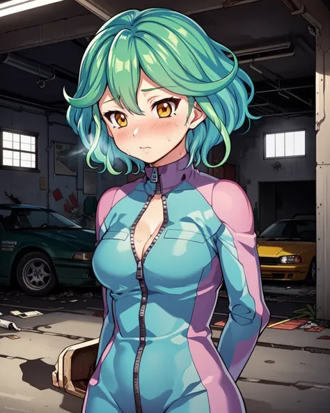 1girl, rin, green hair, short hair, yellow eyes, blue racing costume, zipper, looking away,
indoors, garage, junkyard, scrapyard, unzipped, cleavage, blush, sweat, steam, nervous,
<lora:Rin v2 e6:0.8>