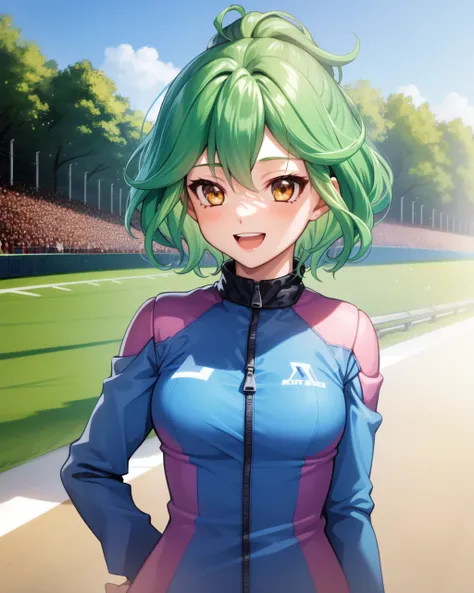 1girl, rin, green hair, short hair, yellow eyes, blue racing costume, zipper,
outdoors, race track, :D
<lora:Rin v2 e6:0.7>