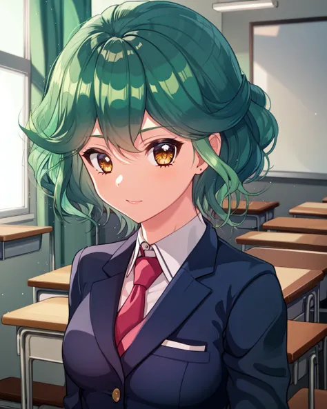 1girl, rin, green hair, short hair, yellow eyes, collared shirt, blazer, skirt, necktie,
indoors, school, classroom,
<lora:Rin v2 e6:0.85>