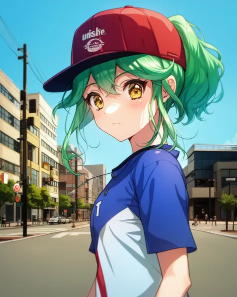 1girl, rin, green hair, short hair, yellow eyes, baseball cap, ponytail,
outdoors, downtown, casual, urban, sidewalk, sun, blue sky,
<lora:Rin v2 e6:0.85>