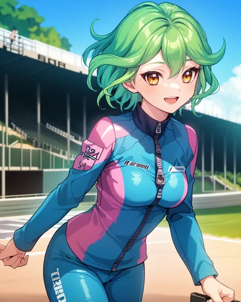 1girl, rin, green hair, short hair, yellow eyes, blue racing costume, zipper,
outdoors, race track, :D
<lora:Rin v2 e6:0.7>