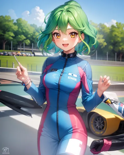 1girl, rin, green hair, short hair, yellow eyes, blue racing costume, zipper, bracelet,
outdoors, race track, :D
<lora:Rin v2 e6:0.7>