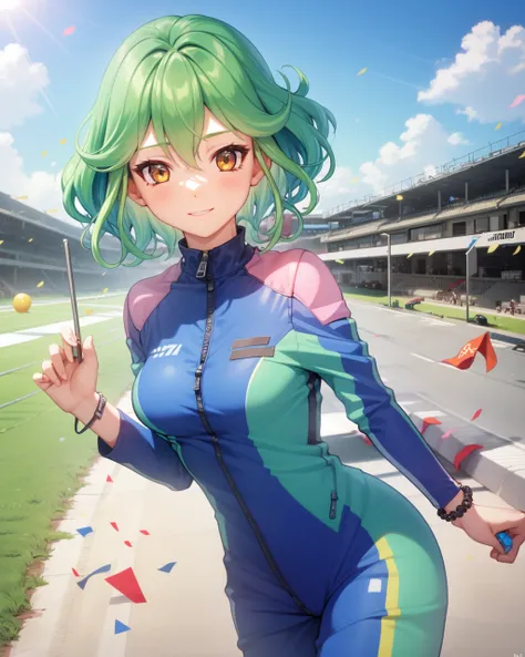 1girl, rin, green hair, short hair, yellow eyes, blue racing costume, zipper, bracelet,
outdoors, race track, sun, sun rays,
<lora:Rin v2 e6:0.7>