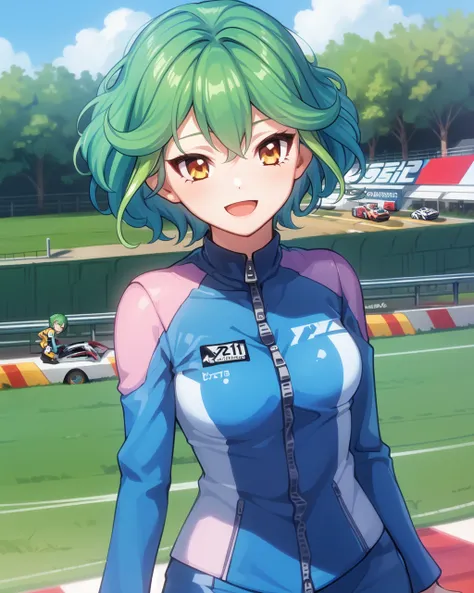 1girl, rin, green hair, short hair, yellow eyes, blue racing costume, zipper,
outdoors, race track, :D
<lora:Rin v2 e6:0.7>