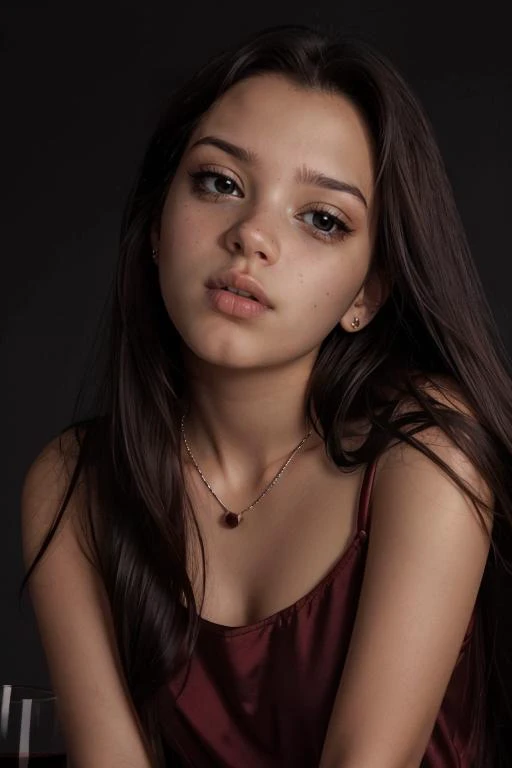 <lora:Carly:.7>, seductive expression, expressive , upper body, at front, portrait, simple background, dark background, <lora:GoodHands-vanilla:0.8> better_oppai, small breasts, Concrete blouse, long hair, Wine Red smokey eyeliner, earrings, necklace, Apricot satin lipstick