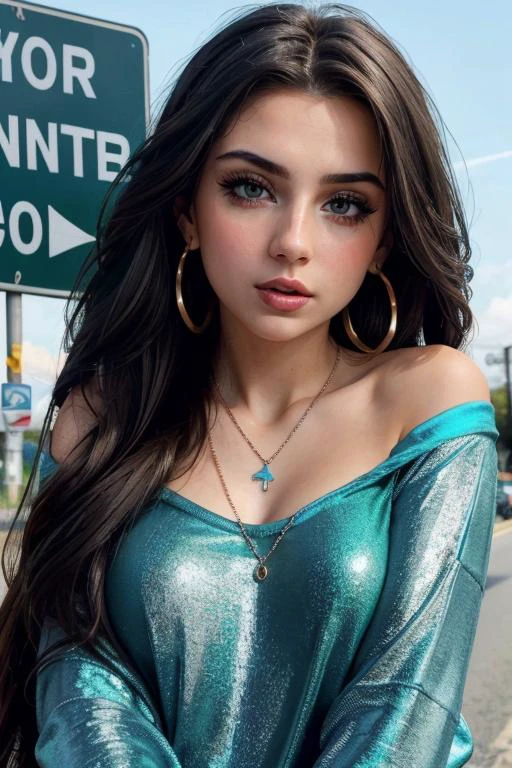 <lora:Lily:.7>, seductive expression, expressive , seductive, sexy, aroused, upper body, at front, portrait, simple background, dark background, <lora:GoodHands-vanilla:0.8> better_oppai, large breasts, , long hair, Road Sign Blue glitter eyeliner, earrings, necklace, Milano metallic lipstick , Pastel Green (sweatshirt)