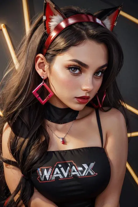 <lora:Camellia:.7>, seductive expression, expressive , seductive, aroused, upper body, at front, portrait, simple background, dark background, <lora:GoodHands-vanilla:0.8> better_oppai, large breasts, , long hair, Graphite Gray graphic eyeliner, earrings, necklace, Pastel Red satin lipstick , Metallic Gray, (animal ear headband), gamer girl, neon, rave