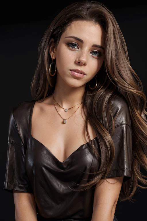 <lora:Nadine:.7>, seductive expression, expressive , upper body, at front, portrait, simple background, dark background, <lora:GoodHands-vanilla:0.8> better_oppai, small breasts, Neutral Gray blouse, long hair, Leather Brown tightline eyeliner, earrings, necklace, Coffee Brown cream lipstick