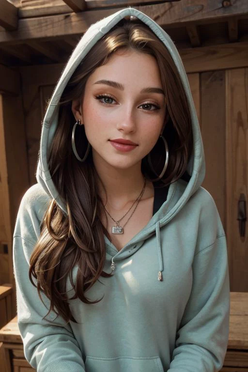 <lora:Queen:.7>, seductive expression, expressive , seductive, aroused, upper body, at front, portrait, simple background, dark background, <lora:GoodHands-vanilla:0.8> better_oppai, flat chest, , long hair, Rustic Red graphic eyeliner, earrings, necklace, Musket Brown cream lipstick , Celadon , (hooded sweatshirt), hoodie, hood