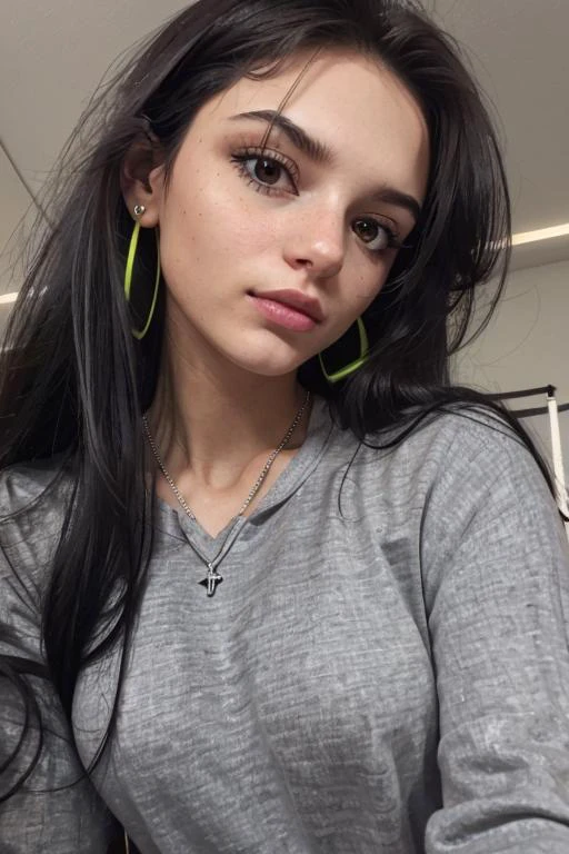 <lora:Zinnia:.7>, seductive expression, expressive , seductive, sexy, aroused, upper body, at front, portrait, simple background, dark background, <lora:GoodHands-vanilla:0.8> better_oppai, small breasts, , long hair, Neon Green tightline eyeliner, earrings, necklace, Cement Gray sheer lipstick , Ash Gray (sweatshirt)