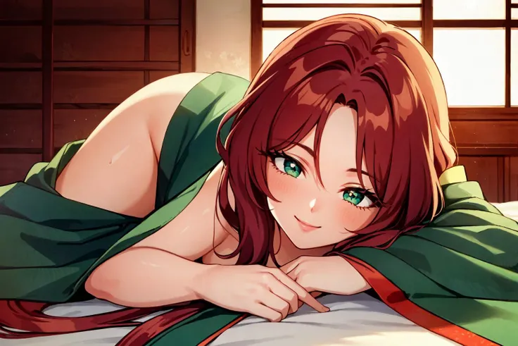 (masterpiece:1.2), (best quality:1.2), perfect eyes, perfect face, perfect lighting, 1girl, mature female wearing jlfd, asian, long red hair, lying on a bed, on her side, looking at viewer, jlfd, green silk, floral pattern, smiling, detailed traditional japanese indoor background  <lora:japaneseLingerie_v10:0.5>