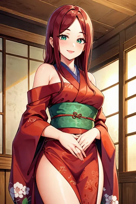 (masterpiece:1.2), (best quality:1.2), perfect eyes, perfect face, perfect lighting, 1girl, mature female wearing jlfd, asian, long red hair, standing with hands in lap, bare shoulders, jlfd, green silk, floral pattern, embroideries, smiling, detailed traditional japanese indoor background <lora:japaneseLingerie_v10:0.5>