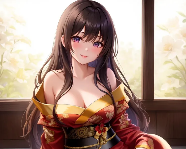 Masterpiece, absurdres,award winning photo, extremely detailed, amazing, fine detail, extremely detailed eyes and face, by lee jeffries nikon d850 film stock photograph 4 kodak portra 400 camera f1.6 lens rich colors hyper realistic lifelike texture dramatic lighting unrealengine trending on artstation cinestill 800 tungsten, beautiful Japanese woman, long dark hair, hime haircut, smiling , excited, cute, small face, glossy bimbo, sexy,  iulje,
 <lora:JLFD:0.7>, jlfd,red, yellow  lining and belt, floral print,woman wearing jlfd, intricate design, cleavage, sitting on the bed, upper body focus, ultra sexy lingerie