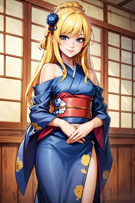 (masterpiece:1.2), (best quality:1.2), perfect eyes, perfect face, perfect lighting, 1girl, mature female wearing jlfd, asian, long blond hair, traditional japanese hairstyle, standing with hands in lap, bare shoulders, jlfd, blue silk, fdragon pattern, embroideries, smiling, detailed traditional japanese indoor background <lora:japaneseLingerie_v10:0.5>