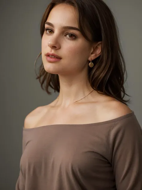 Realistic photo of a beautiful n4t4l13p-v2 woman, 1girl, solo, simple background, brown hair, long sleeves, bare shoulders, brown eyes, jewelry, upper body, earrings, parted lips, teeth, grey background, off shoulder, lips, looking to the side, looking away, realistic, nose, hand on own chin, soft lighting, professional Photography, Photorealistic, detailed, RAW, analog, sharp focus, 8k, HD, high quality, masterpiece<lora:n4t4l13p-v2:1.0>