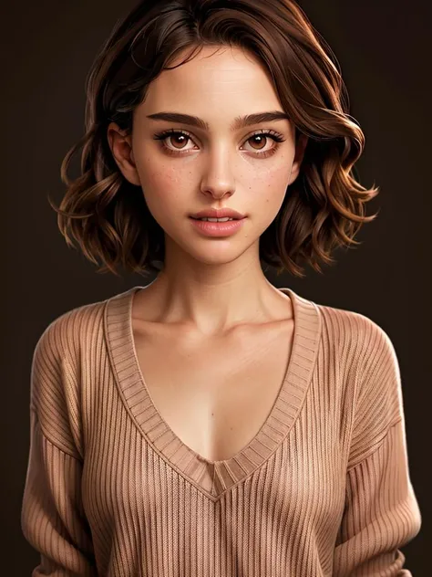 Realistic photo of a beautiful n4t4l13p-v2 woman,  1girl, solo, looking at viewer, short hair, simple background, brown hair, brown eyes, parted lips, teeth, mole, sweater, lips, mole under eye, freckles, realistic, mole on cheek, soft lighting, professional Photography, Photorealistic, detailed, RAW, analog, sharp focus, 8k, HD, high quality, masterpiece<lora:n4t4l13p-v2:1.0>