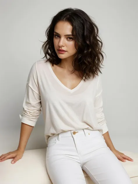 Realistic photo of a beautiful n4t4l13p-v2 woman, 1girl, solo, long hair, looking at viewer, simple background, shirt, black hair, white background, sitting, white shirt, parted lips, pants, mole, lips, mole under eye, black pants, curly hair, realistic, soft lighting, professional Photography, Photorealistic, detailed, RAW, analog, sharp focus, 8k, HD, high quality, masterpiece<lora:n4t4l13p-v2:1.0>