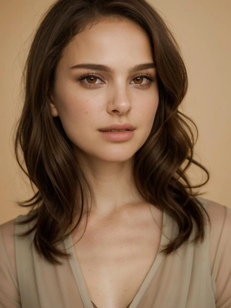 Realistic photo of a beautiful n4t4l13p-v2 woman, 1girl, solo, long hair, looking at viewer, simple background, brown hair, brown eyes, parted lips, teeth, lips, eyelashes, portrait, close-up, realistic, soft lighting, professional Photography, Photorealistic, detailed, RAW, analog, sharp focus, 8k, HD, high quality, masterpiece<lora:n4t4l13p-v2:1.0>