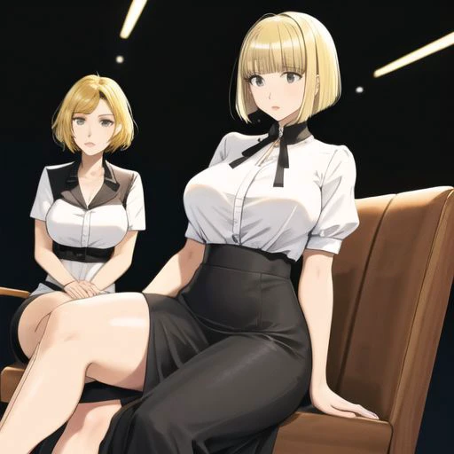 Thick thighs and semi wide hips white female, big breasts. Blonde Bob hair cut. 2girls,