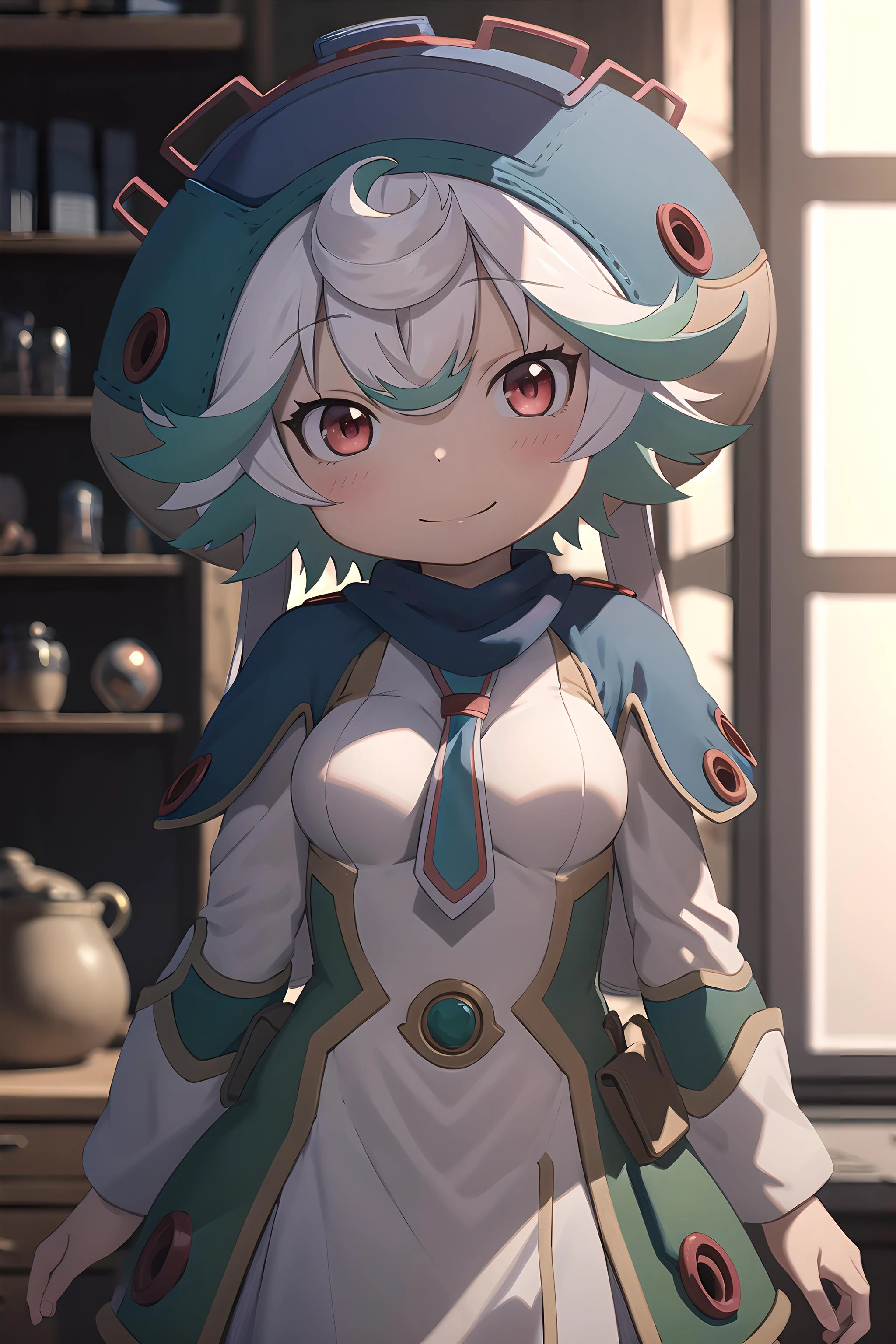 Masterpiece, 1girl, prushka , red eyes, hat,medium breasts, prushkahat, head tilt, looking at viewer, gorgeous smile, <lora:prushkaMadeInAbyss_v10:0.6>