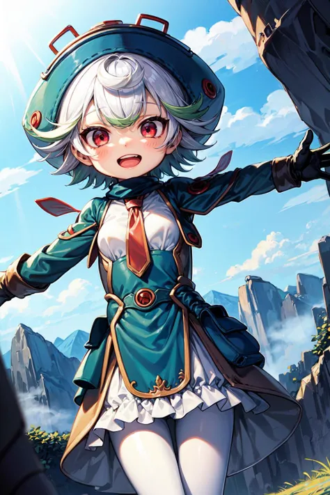 masterpiece,best quality,1girl,chibi,petite,prushka,short hair,multicolored hair,red eyes,hat,prushkahat,dress,gloves,necktie,white leggings,spread arms,smile,open mouth,cliff,mountain,fog,nature,fantasy,dutch angle,<lora:Concept-control tool-add_detail-CyberAIchemist:0.8>,<lora:prushka:0.9>,