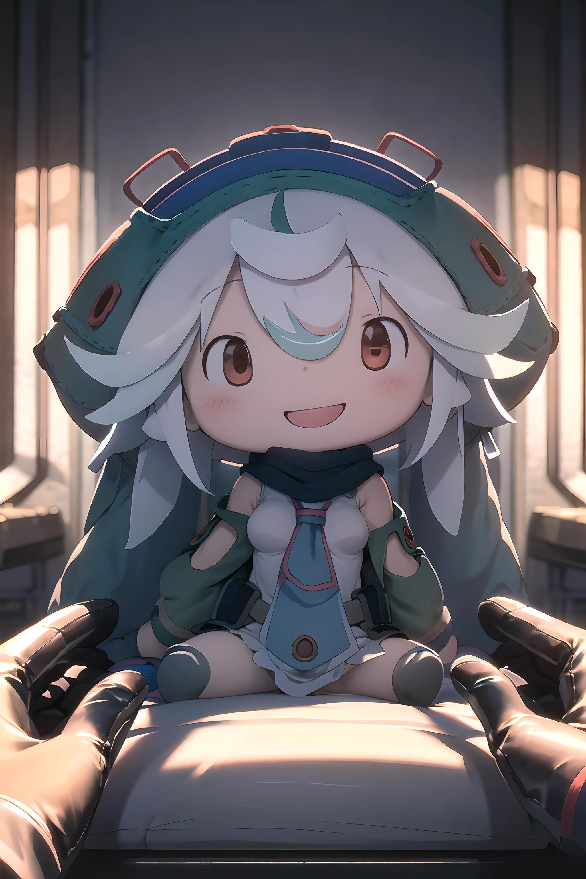 Masterpiece, prushka , red eyes, hat,medium breasts, prushkahat, head tilt, looking at viewer, gorgeous smile, fu1fu,(character doll),(chibi:1.2), <lora:prushkaMadeInAbyss_v10:0.6> <lora:fufuRealisticAnime_v10:1>