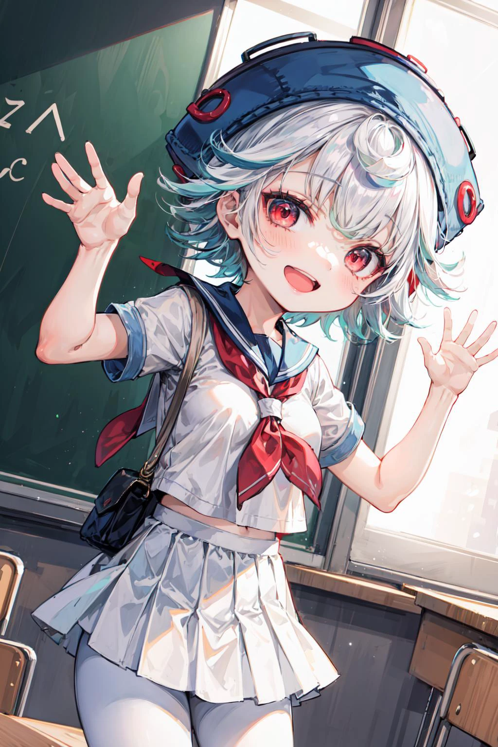 masterpiece,best quality,1girl,chibi,petite,prushka,short hair,multicolored hair,red eyes,hat,prushkahat,(school uniform,pleated skirt),white leggings,smile,open mouth,waving arms,classroom,dutch angle,<lora:Concept-control tool-add_detail-CyberAIchemist:0.8>,<lora:prushka:0.9>,