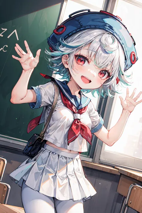 masterpiece,best quality,1girl,chibi,petite,prushka,short hair,multicolored hair,red eyes,hat,prushkahat,(school uniform,pleated skirt),white leggings,smile,open mouth,waving arms,classroom,dutch angle,<lora:Concept-control tool-add_detail-CyberAIchemist:0.8>,<lora:prushka:0.9>,