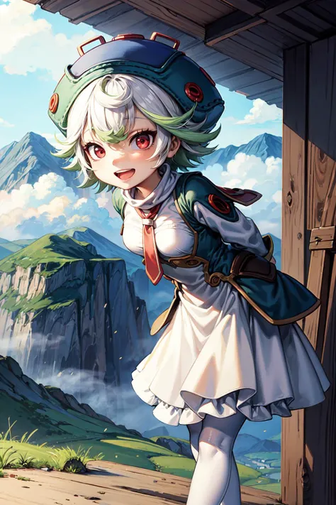masterpiece,best quality,1girl,chibi,petite,prushka,short hair,multicolored hair,red eyes,hat,prushkahat,dress,necktie,white leggings,smile,open mouth,(leaning forward),arms behind back,cliff,mountain,fog,nature,fantasy,dutch angle,<lora:Concept-control tool-add_detail-CyberAIchemist:0.8>,<lora:prushka:0.9>,