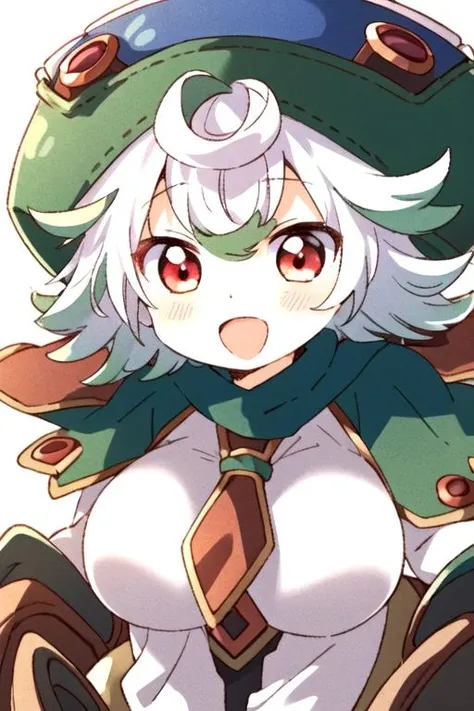 <lora:namoriv3-000080:.8> prushka, :D, 1girl, solo, gigantic breasts, red eyes, white hair, green hat, (green hair:0.9) <lyco:GoodHands-beta2:1> <lora:prushka:.8>, pastel