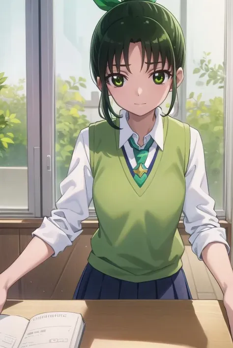 naomidorikawa, <lora:nao midorikawa s1-lora-nochekaiser:1>,
nao midorikawa, short hair, (green eyes:1.3), ponytail, green hair, ribbon, hair ribbon, smile,
BREAK skirt, school uniform, necktie, sleeves rolled up, sweater vest, green necktie, nanairogaoka middle school uniform,
BREAK indoors,classroom,
BREAK looking at viewer, dynamic pose,
BREAK <lyco:GoodHands-beta2:1>, (masterpiece:1.2), best quality, high resolution, unity 8k wallpaper, (illustration:0.8), (beautiful detailed eyes:1.6), extremely detailed face, perfect lighting, extremely detailed CG, (perfect hands, perfect anatomy),