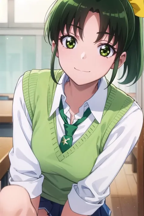 naomidorikawa, <lora:nao midorikawa s1-lora-nochekaiser:1>,
nao midorikawa, short hair, (green eyes:1.3), ponytail, green hair, ribbon, hair ribbon, smile,
BREAK skirt, school uniform, necktie, sleeves rolled up, sweater vest, green necktie, nanairogaoka middle school uniform,
BREAK indoors,classroom,
BREAK looking at viewer, dynamic pose,
BREAK <lyco:GoodHands-beta2:1>, (masterpiece:1.2), best quality, high resolution, unity 8k wallpaper, (illustration:0.8), (beautiful detailed eyes:1.6), extremely detailed face, perfect lighting, extremely detailed CG, (perfect hands, perfect anatomy),