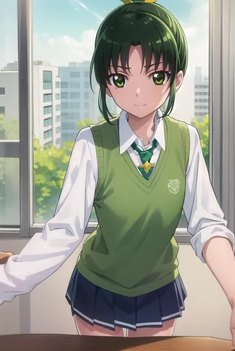 naomidorikawa, Nao Midorikawa, short hair, (Green Eyes:1.3), ponytail, Green Hair, ribbon, hair ribbon, smile,
break skirt, , tie, Rolled up my sleeves, Sweater vest, green tie, nanairogaoka middle ,Thighs、Bed、blush、(((Panty shot、Skirt lifted、Cute white panties)))、Sit on the sofa、
break indoors,classroom,
break looking at viewer, Dynamic pose,
break (masterpiece:1.2), Highest quality, High resolution, unity 8k wallpaper, (figure:0.8), (Beautiful attention to detail:1.6), Highly detailed face, Perfect lighting, Highly detailed CG, (Perfect hands, Perfect Anatomy),