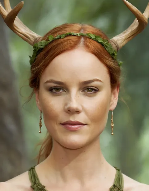 (ohwx woman) <lora:cornish_lora_sdxl_v1-000008:1>  as a druid, perfect face, thin antlers, green halter top, ginger hair, abs, cinematic, freckles, stunning, athletic, strong, agile, highly detailed, psychedelic, digital painting, artstation, smooth, hard focus, illustration, art by jessica rossier and and brian froud